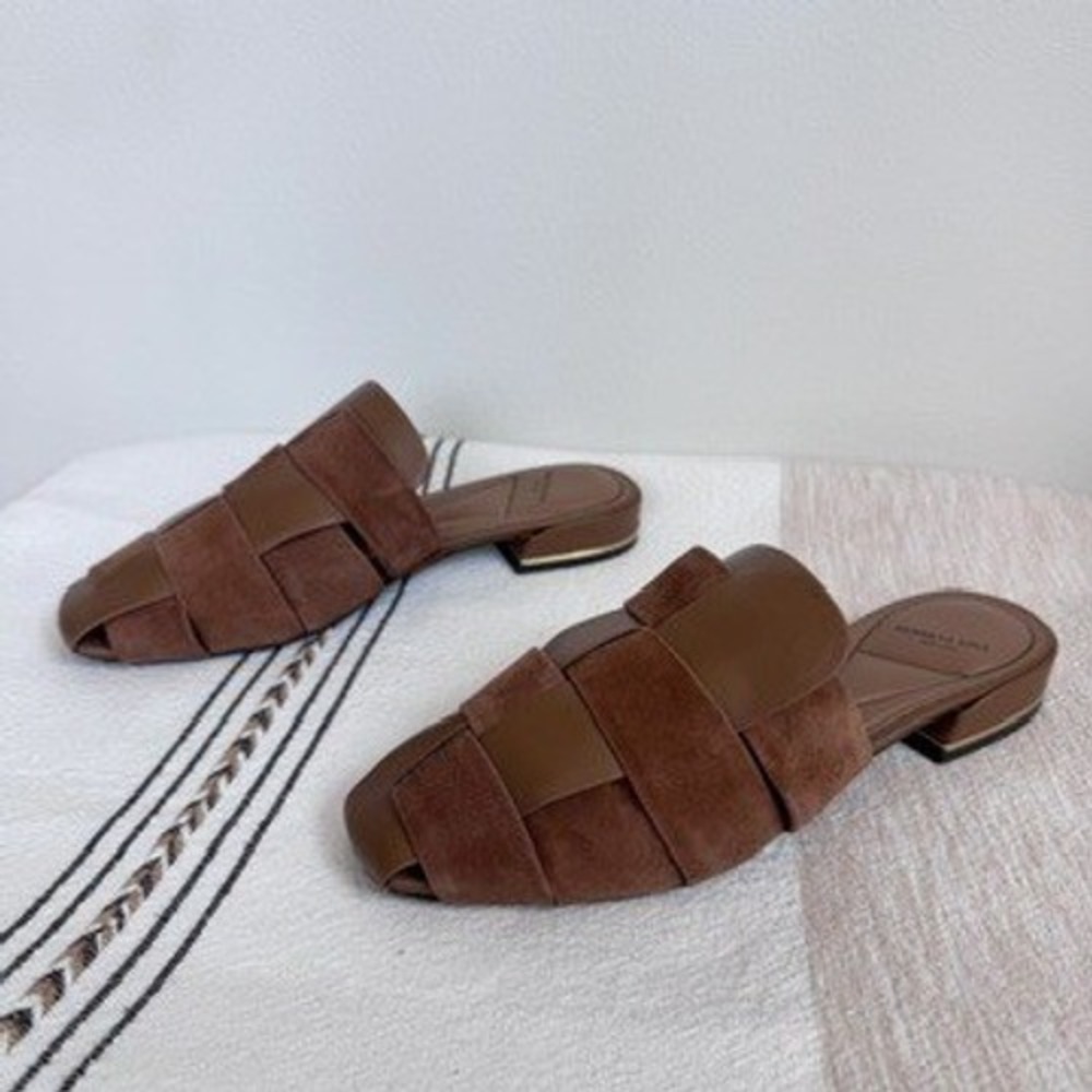 Kenneth Cole New York Faina Woven Leather Suede Mules Brown Square Toe 8